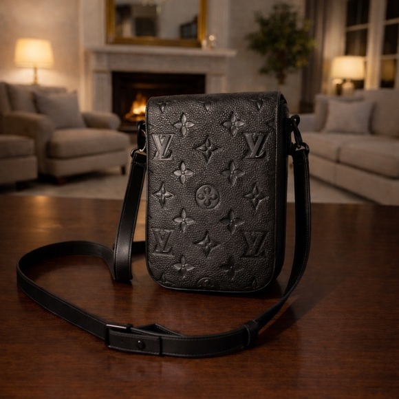Black Embossed Monogram Leather Crossbody Messenger Bag - Picture 3 of 9
